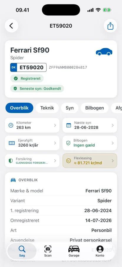 Køretøjssiden i appen med kilometertal, næste syn, ejerafgift, Bilbogen og flexleasing