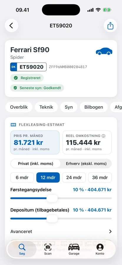 Flexleasing-fanen i appen med månedspris og reel omkostning