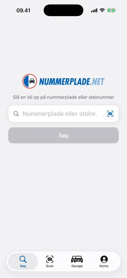 Appens søgeskærm med felt til nummerplade og knap til kamera-scanning