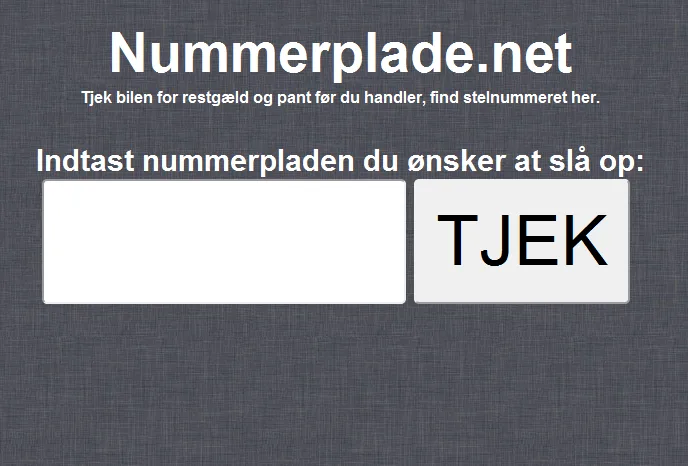 Nummerplade.net i november 2011 — grå baggrund, søgefelt og TJEK-knap