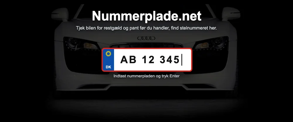 Nummerplade.net version 2: Audi R8 i mørket med nummerpladen som søgefelt