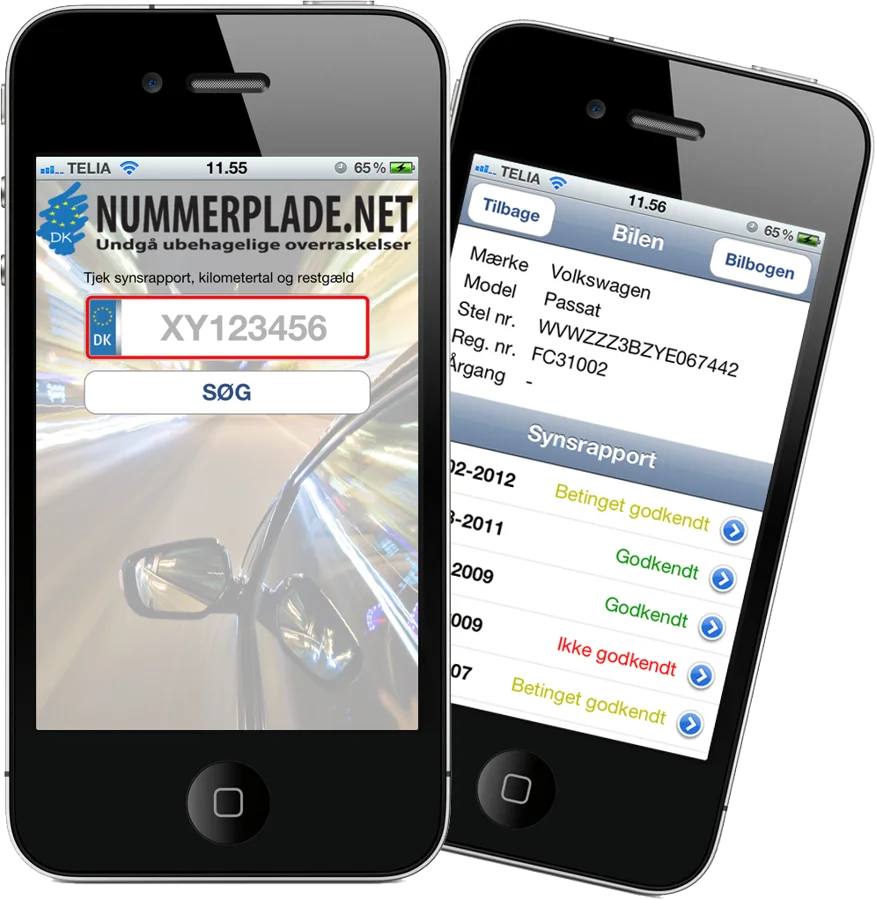Den første Nummerplade.net-app til iPhone (2012): søgeskærm og synsrapporter