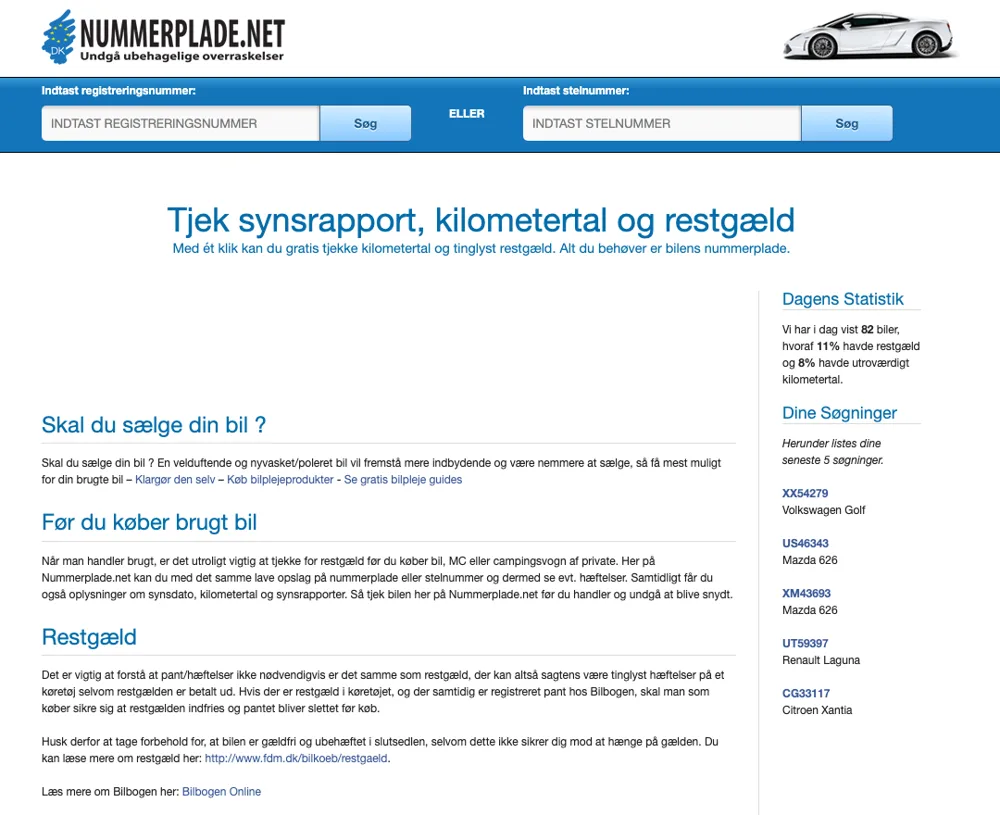 Nummerplade.net version 3 (2012): blå søgebjælke med nummerplade og stelnummer