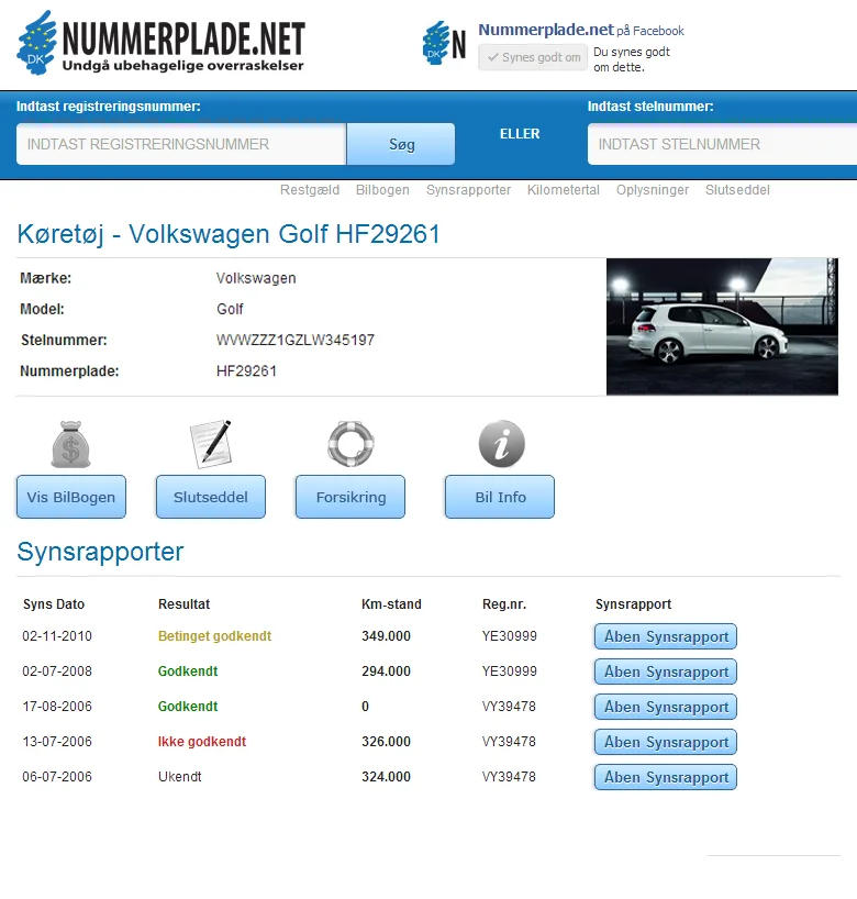 Nummerplade.net version 4 — køretøjsside med synsrapporter