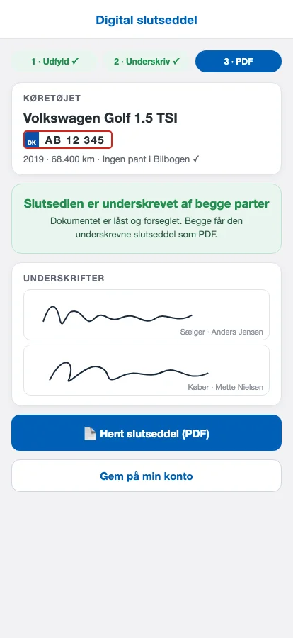 Køberen ser den underskrevne slutseddel på sin mobil