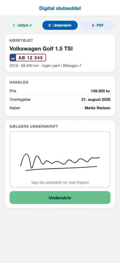 Sælger underskriver den digitale slutseddel på sin mobil