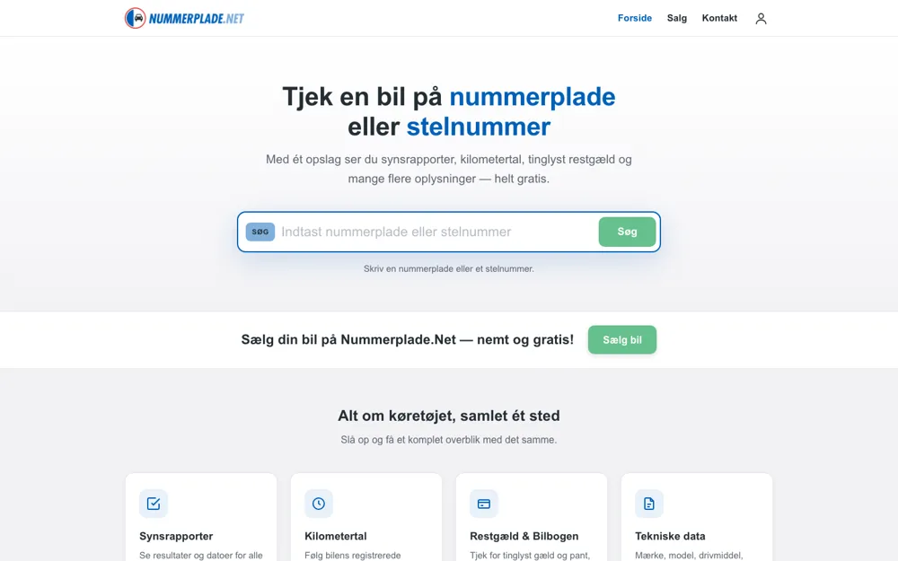 Nummerplade.net 2026 — forsiden med søgefelt